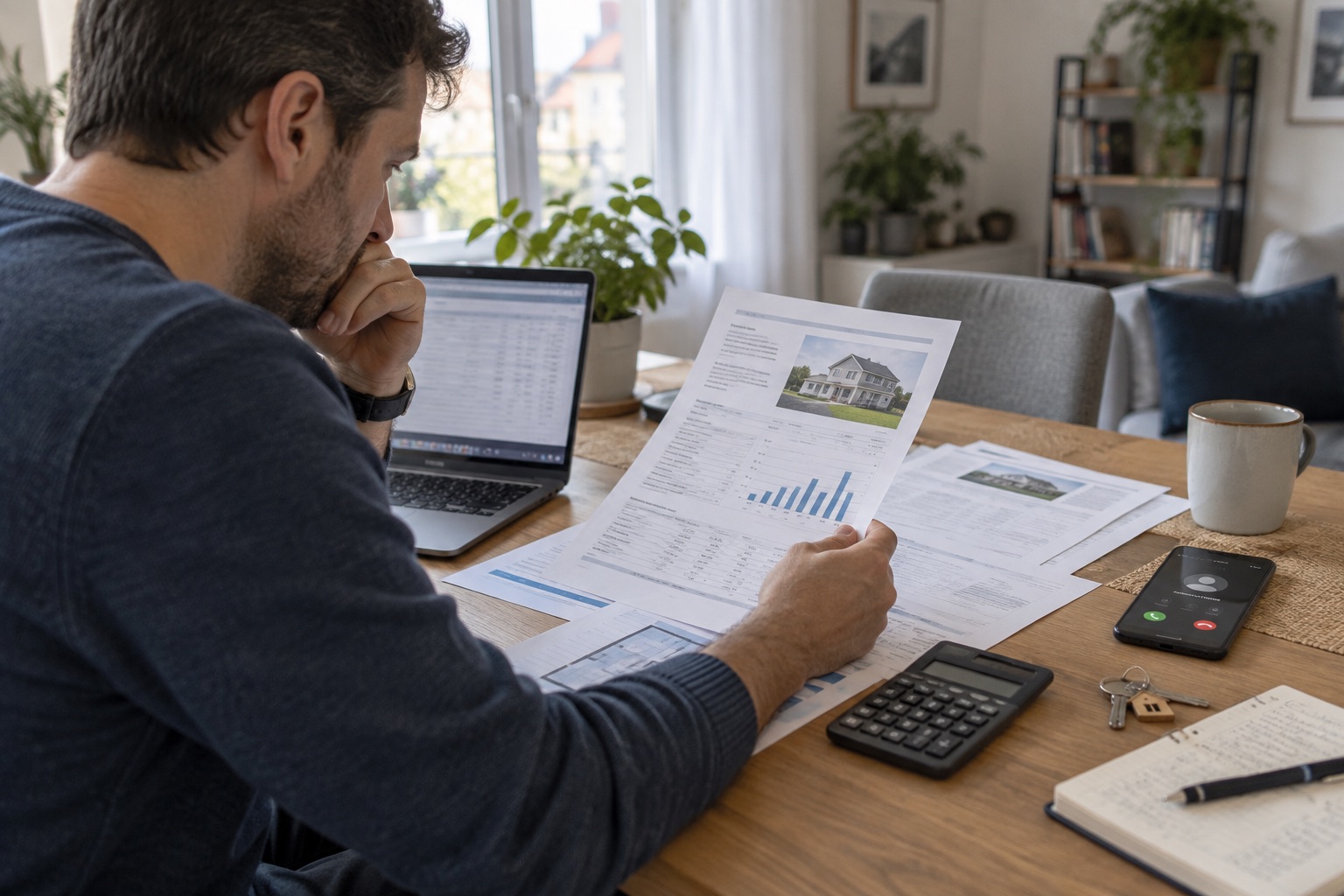 Kunde prüft Unterlagen für eine Immobilienfinanzierung und wartet auf Unterstützung seiner Bank