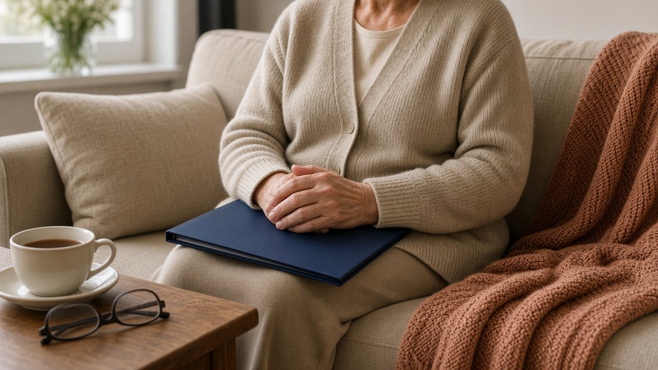 Ältere Frau auf dem Sofa mit gefalteten Händen auf einer Vorsorgemappe