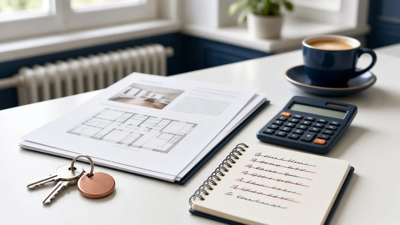 Schreibtisch mit Exposé, Hausschlüssel und Taschenrechner – typische Fehler beim Immobilien-Investment