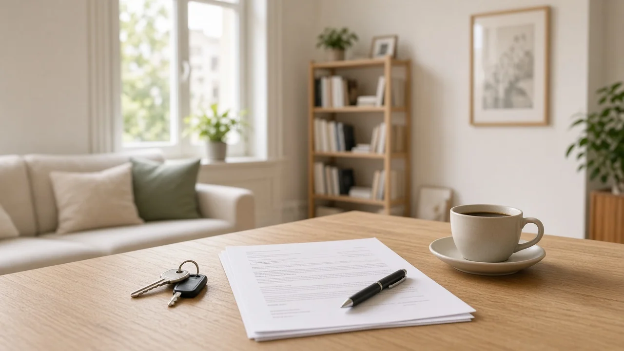 Mietvertrag, Wohnungsschlüssel, Kugelschreiber und Kaffeetasse auf einem Holztisch in einer hellen möblierten Altbauwohnung